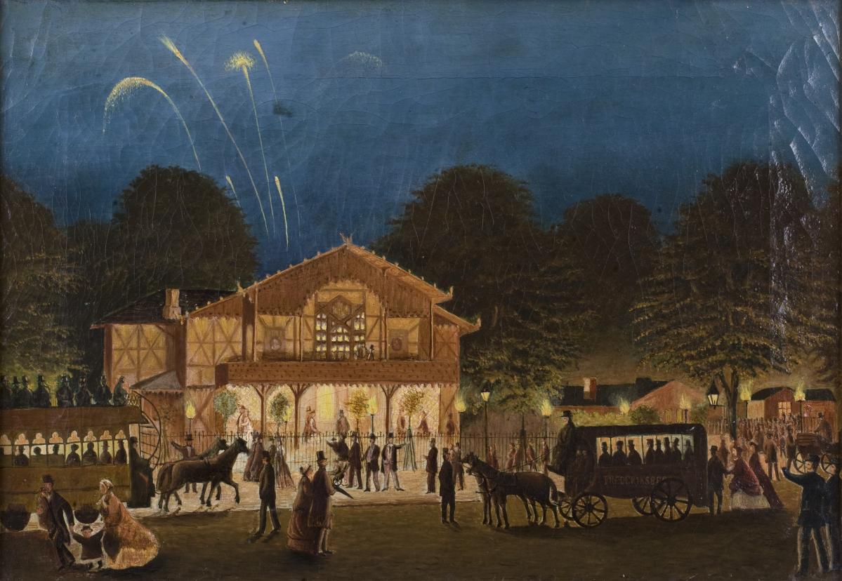 Fyrværkeri i Tivoli set fra Vesterbros Passage ved varietéen Kisten, 1870. Folkeliv med omnibus og dobbeltdækkersporvogn. 