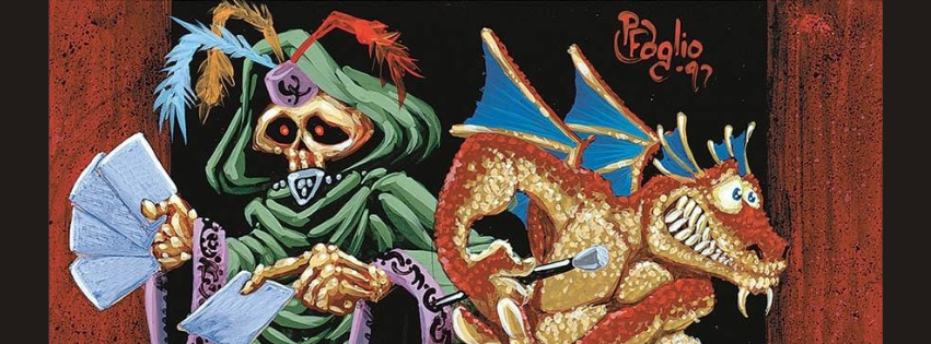 Troldmand med Kortspil, står vedsiden af nervøs drage