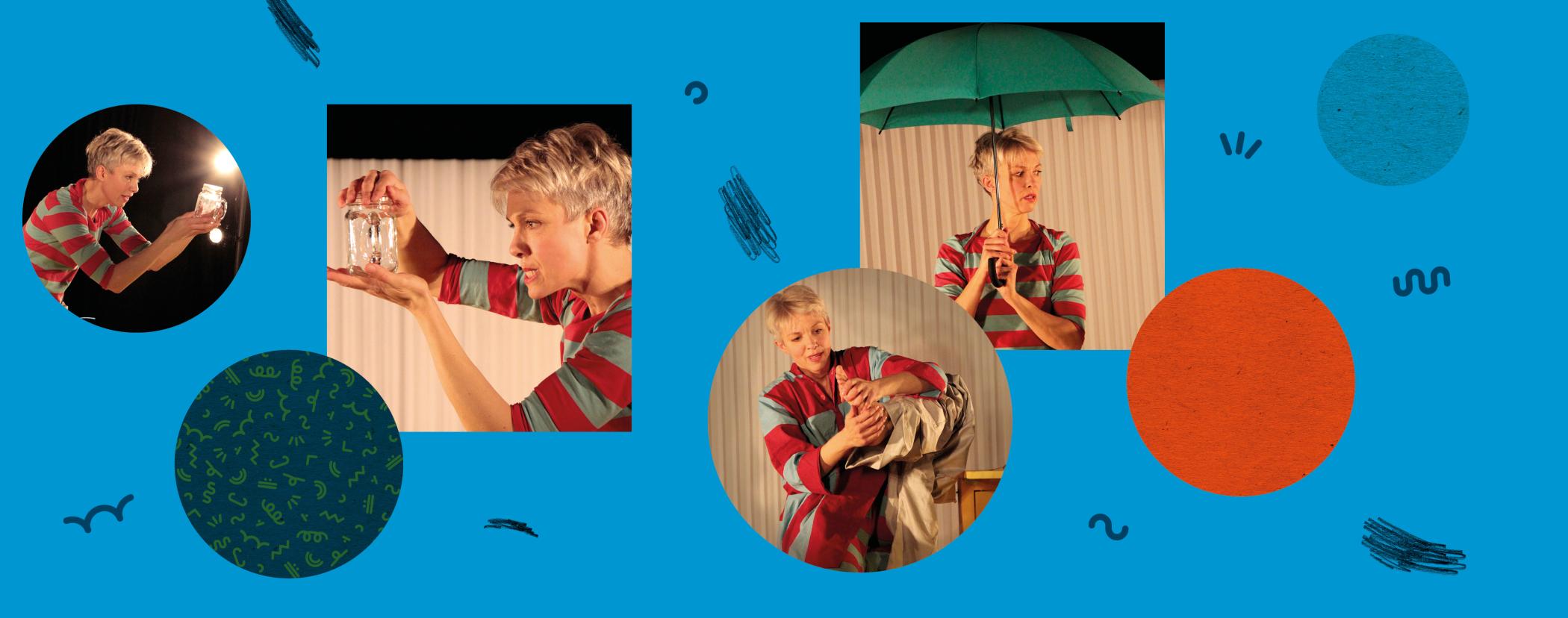 Collage med billeder fra forestillingen 'JUHU det er regnvejr'