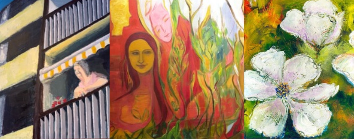 Tre malerier fra udstillingen. Billede 1 en kvinde kigger over sin altan. Billede 2 En kvinde malet i rødt. Billede 3 hvide blomster i græsset.