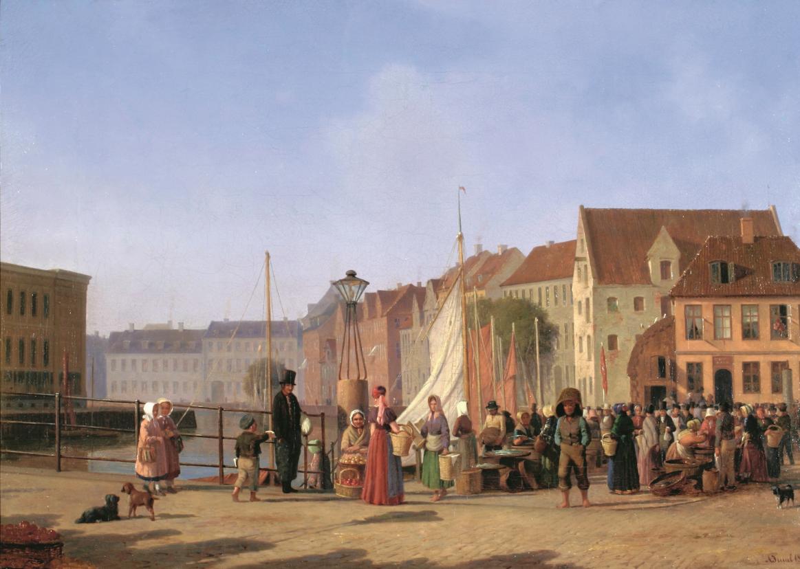 Maleri af Gammel Strand med mennesker i 1800-tals klædedragt