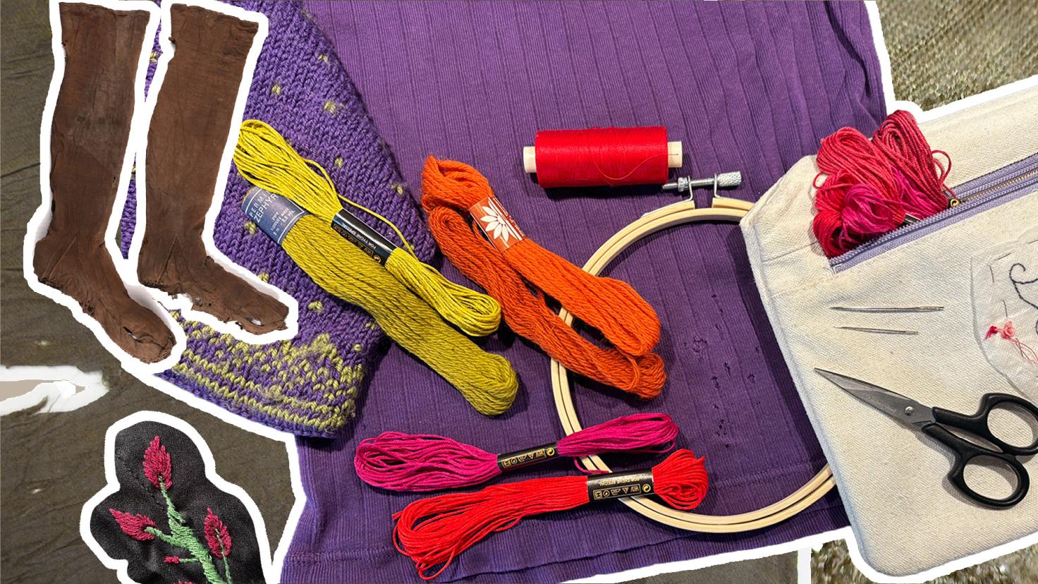 Materialer til synlig reparation af tekstiler - garn, saks, nåle